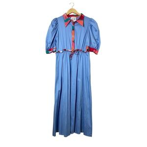 ALDEN ADAIR Maxi Dress Blue‎ Puff Sleeve Collared Floral Print Tie Waist Size L